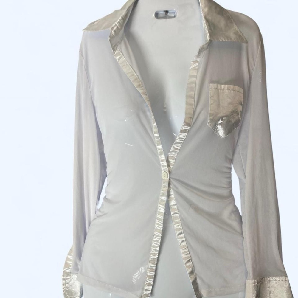 White mesh blouse with satin texture trim collar and sleeves approx S Dreams